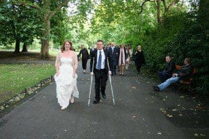 Hobbling through St. Stephen's Green in Dublin