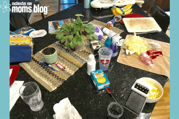 inhaler, what my kitchen table looks like, african violet, picture of my kitchen, messes, honesty in housekeeping, messy family mealtimes