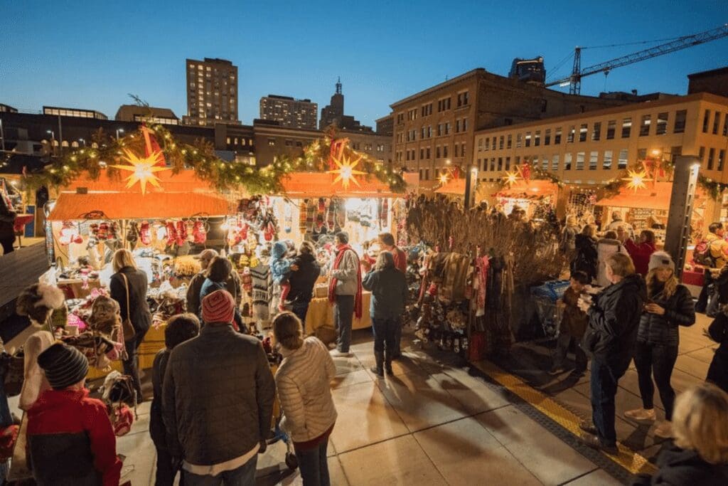 European Christmas Market in St. Paul, Minnesota, at dusk