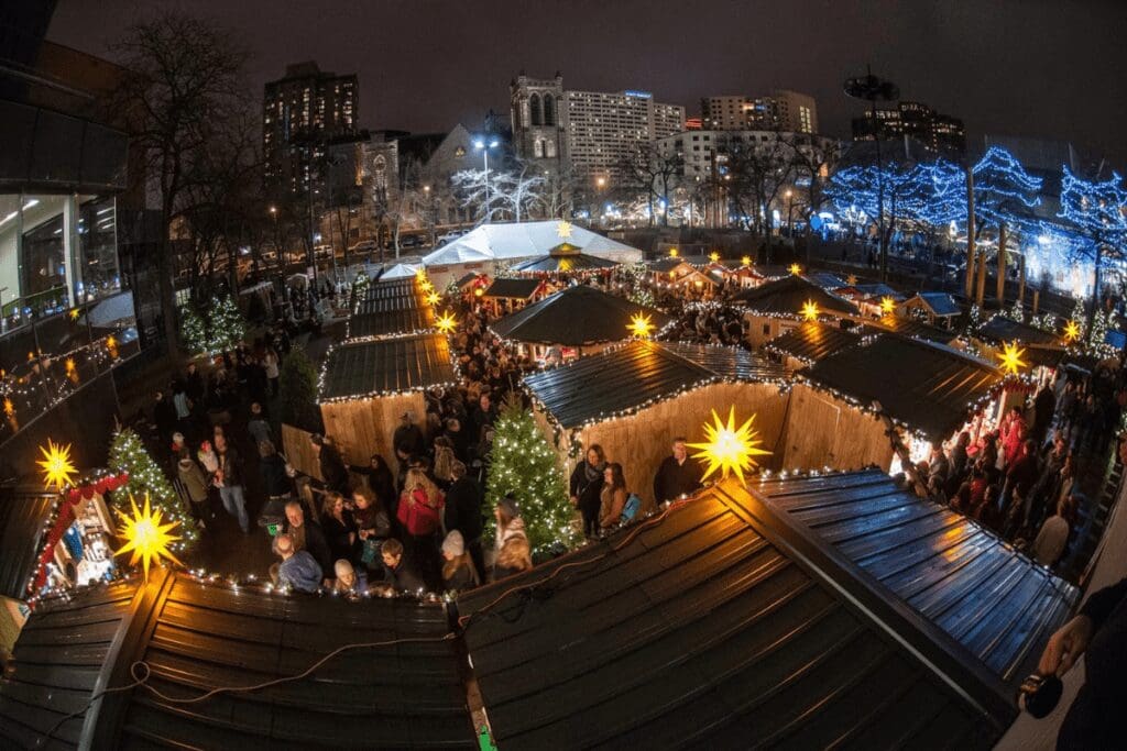 Aerial view of the Minneapolis Christkindl Market at night