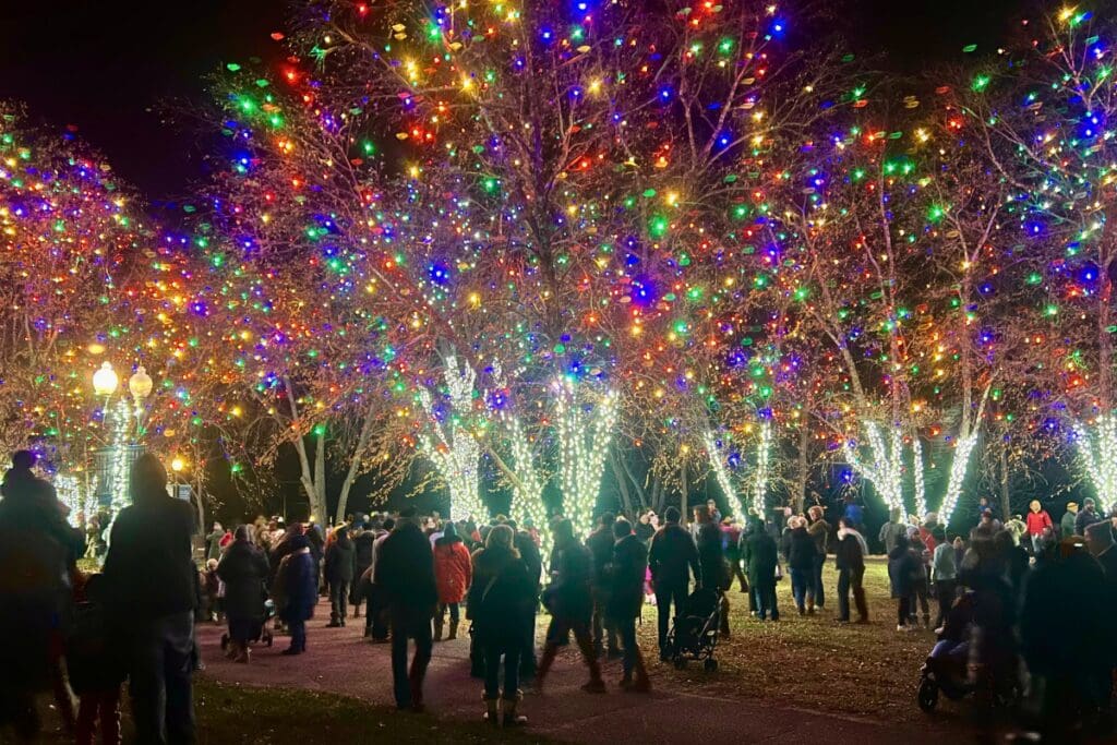 People at a holiday light display in Hudson, WI