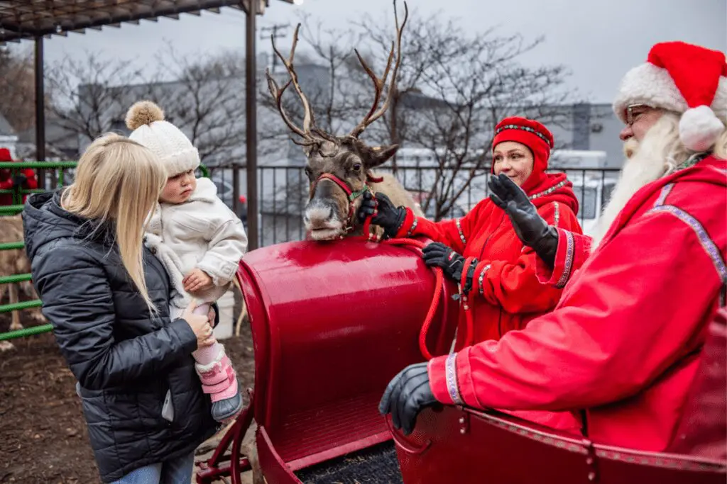 A woman and baby visiting Santa Claus and his reindeer during Christmas in Mankato, MN