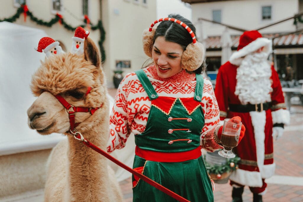 Young woman with alpaca and Santa Claus at Villa Bellezza Winery Christmas Market in Pepin, Wisconsin