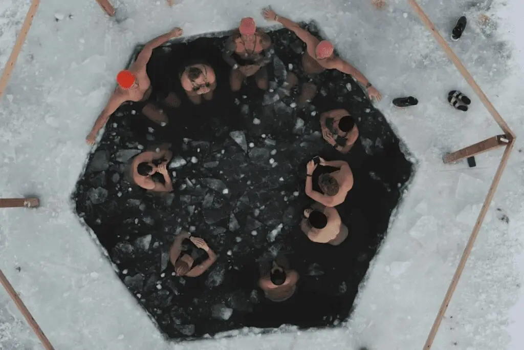 Cold plunge in the lake at Sauna Camp in Excelsior, MN
