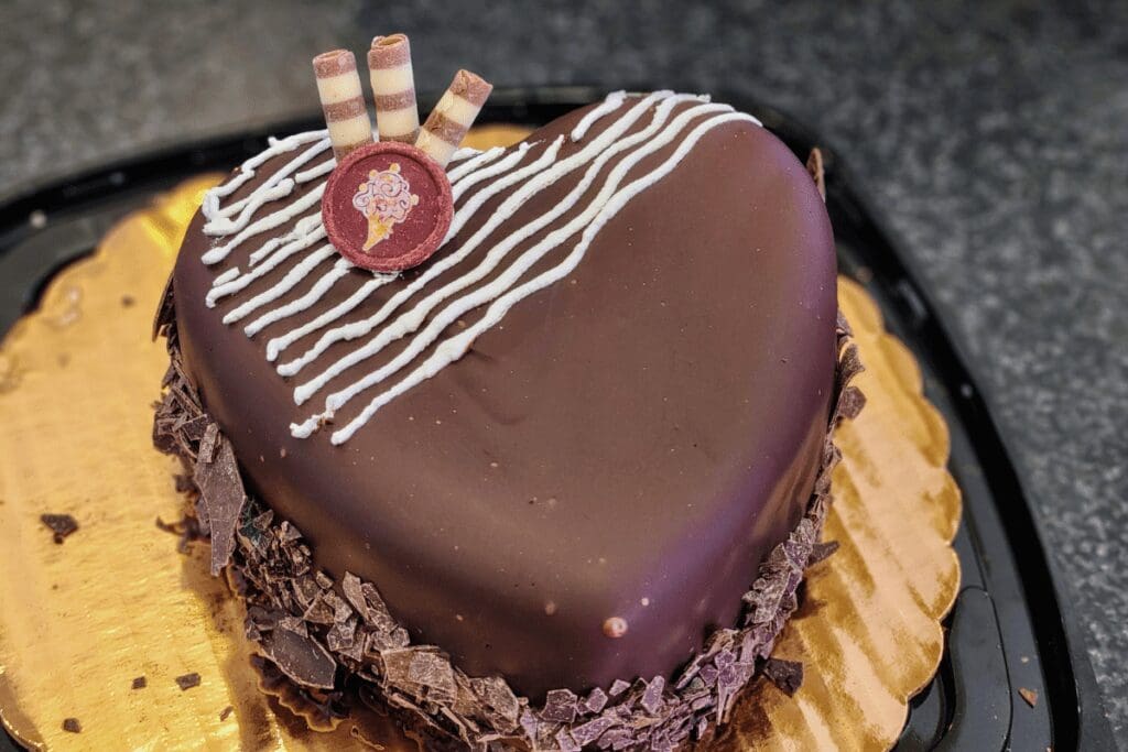 Heart-shaped Fudge Truffle Decadence ice cream cake at Cold Stone Creamery