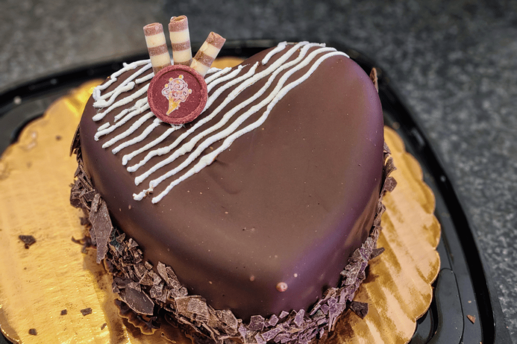 Heart-shaped Fudge Truffle Decadence ice cream cake at Cold Stone Creamery