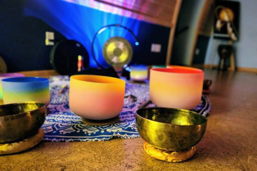 Singing bowls during a sound bath at Hermitage Farm Center for Healing in Rochester, MN