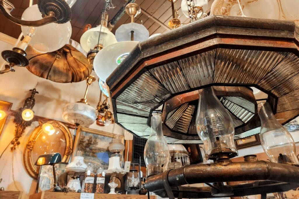 Light fixtures hanging from ceiling at John Kruesel's General Merchandise in Rochester, MN