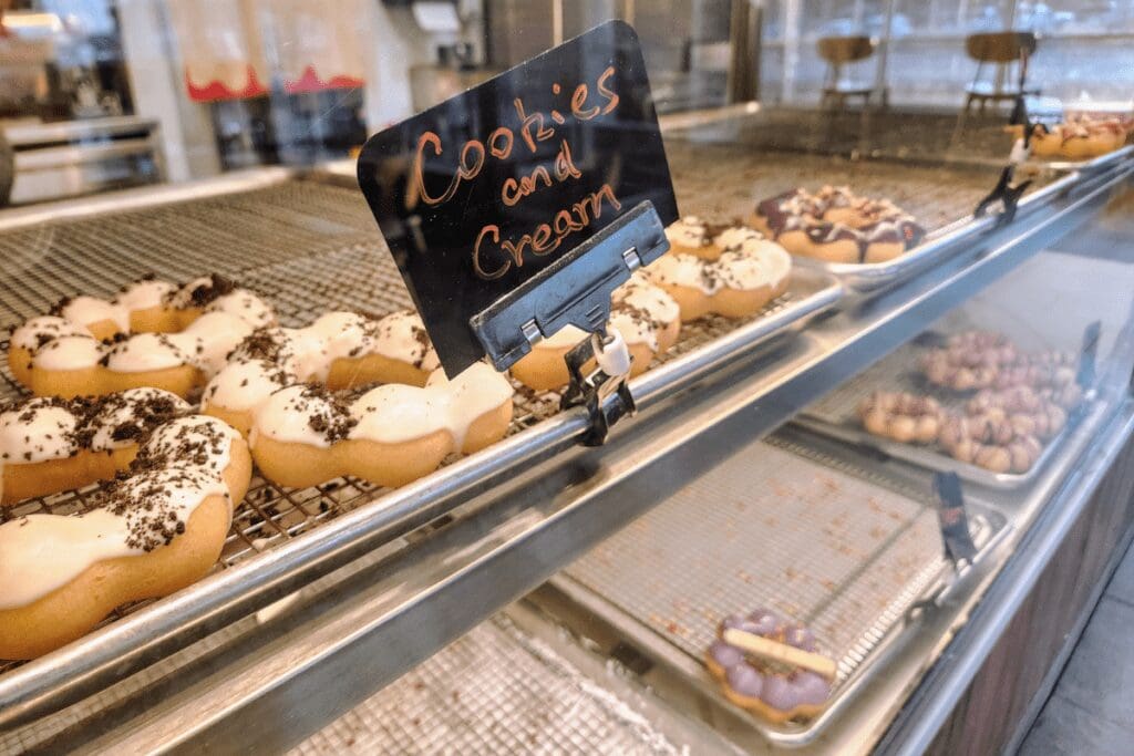 Mochi donuts in the bakery case at Mochinut in Rochester, MN