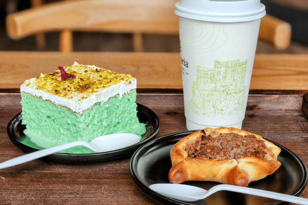 Pistachio Milk Cake and Meat Pie at Qamaria Yemeni Coffee Co. in Rochester, MN