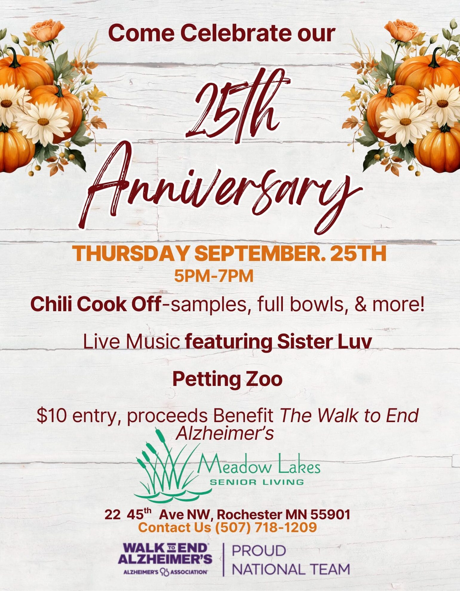 Meadow Lakes 25th Anniversary celebration and Alzheimer’s Fundraiser flyer 2025